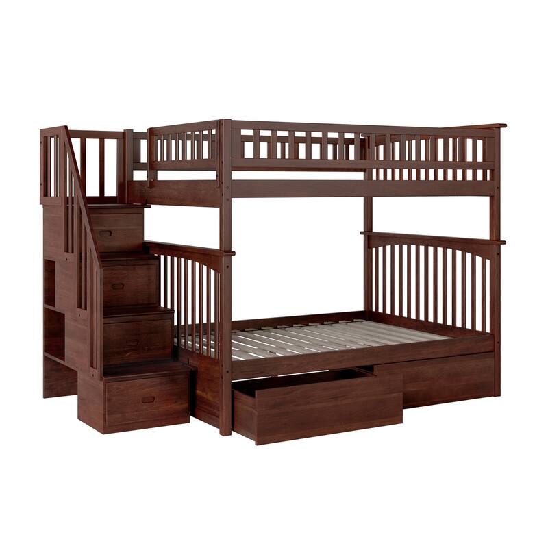 AFI Columbia Full over Full Size Staircase Bunk Bed with Bed Drawers & Charging Station in Walnut
