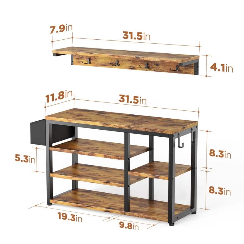 Industrial Hall Tree, 4-in-1 Entryway Coat Rack and Shoe Bench Rack Set with 5 Shoe Storage Cabinets