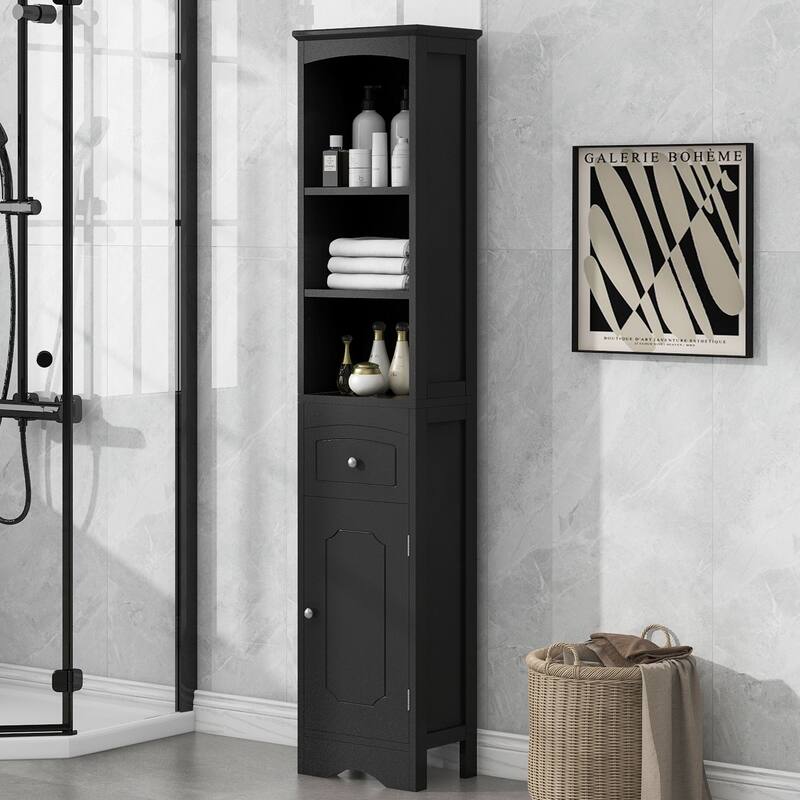 GDFStudio - Tall Bathroom Wooden Storage Cabinet, Freestanding with Drawer, Adjustable Shelf