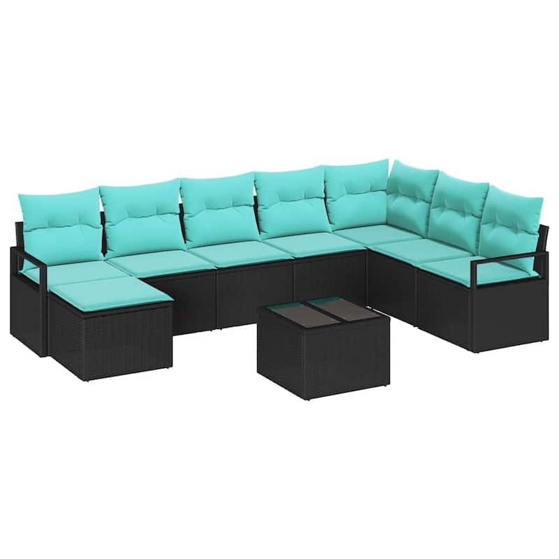 vidaXL 9 Garden Sofa Set with Cushions Black Poly Rattan - 113 x 69.7 x 27.2