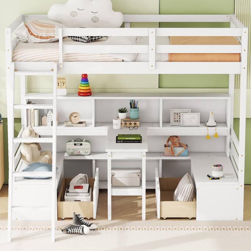 Twin Loft Bed With Storage Shelves, Drawers, Seat And Desk