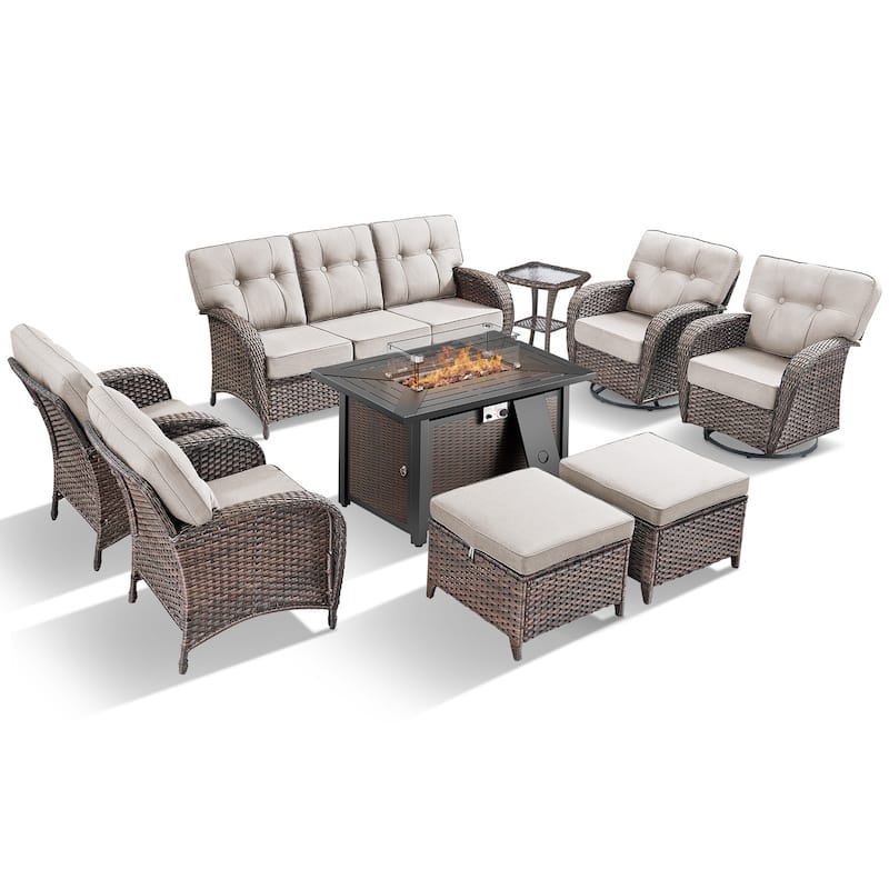 TWrap Wicker Patio Iron Fire Pit Conversation Set with 3-Seat Sofa & Swivel Gliders & Armchairs
