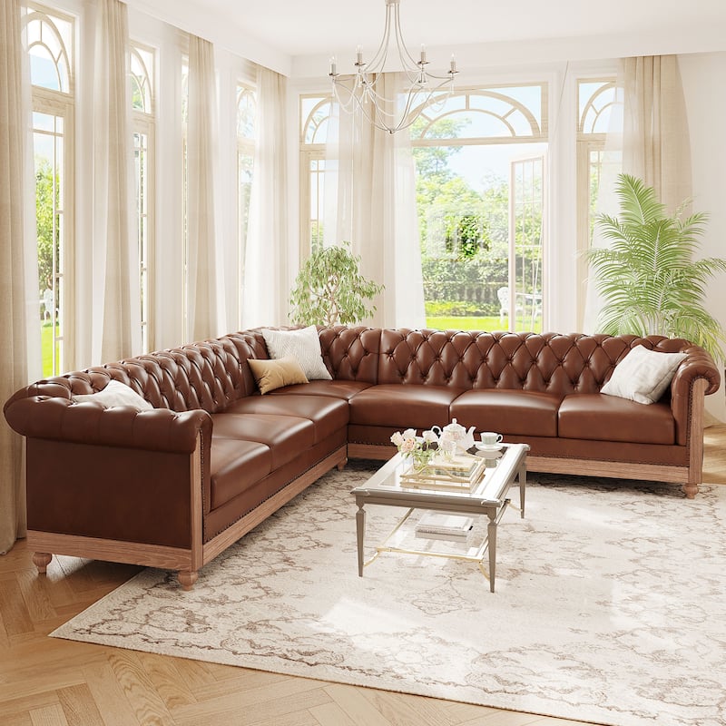 Large Comfy Sectional Sofa, Retro, Light Brown PU, Wooden Legs, 104x104x28", 233 lbs