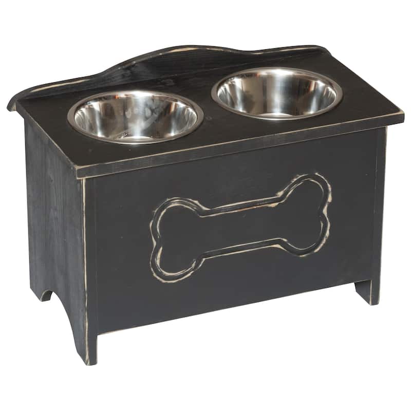 Amish Made Pine Dog Feeder with Storage Chest - Black
