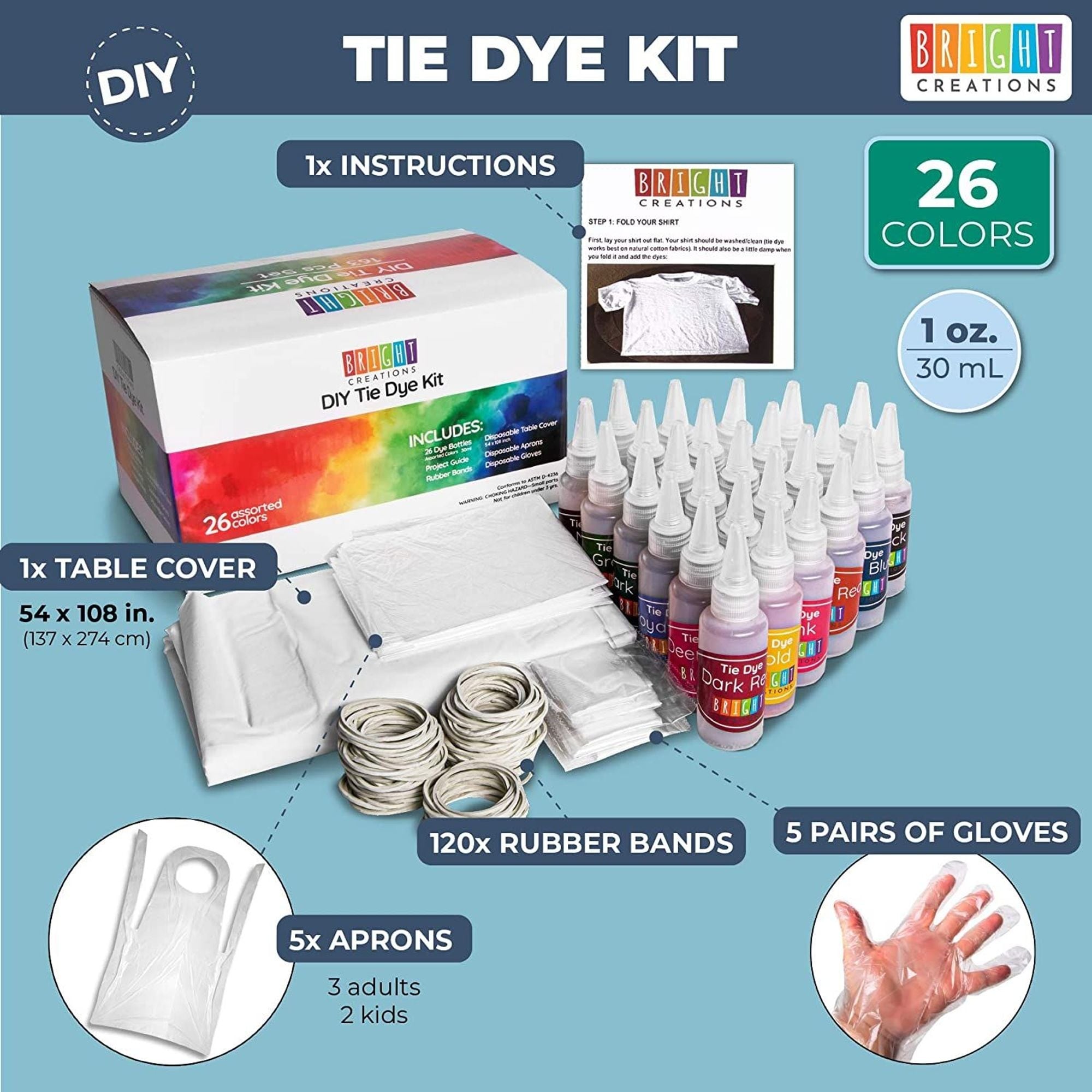 Tie Dye Kit - 40 Colors Permanent Fabric Dye with Rubber Bands, Gloves,  Table Cover, Apron for Kids and Adults Tie-Dye Art - All-in-1 Textile Paint