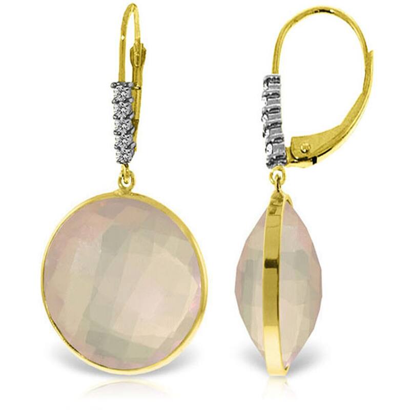 14K Solid Gold Diamonds Earrings w/ Checkerboard Cut Rose Quartz - Yellow