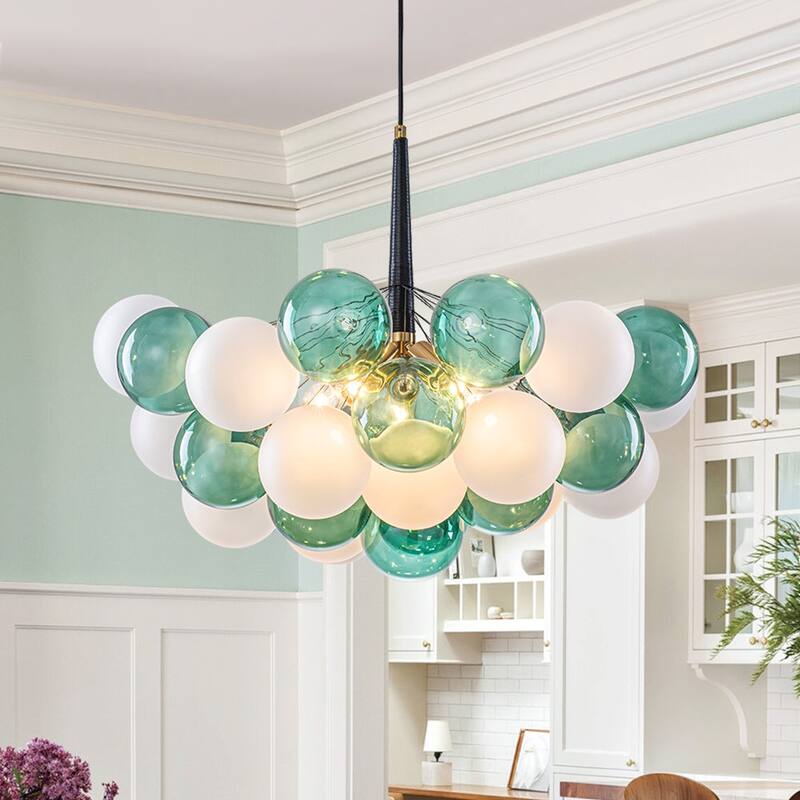 French 5-Light White Green Bubble Cluster Glass Globe Chandelier - 25.6 Inches - 25.6 Inches