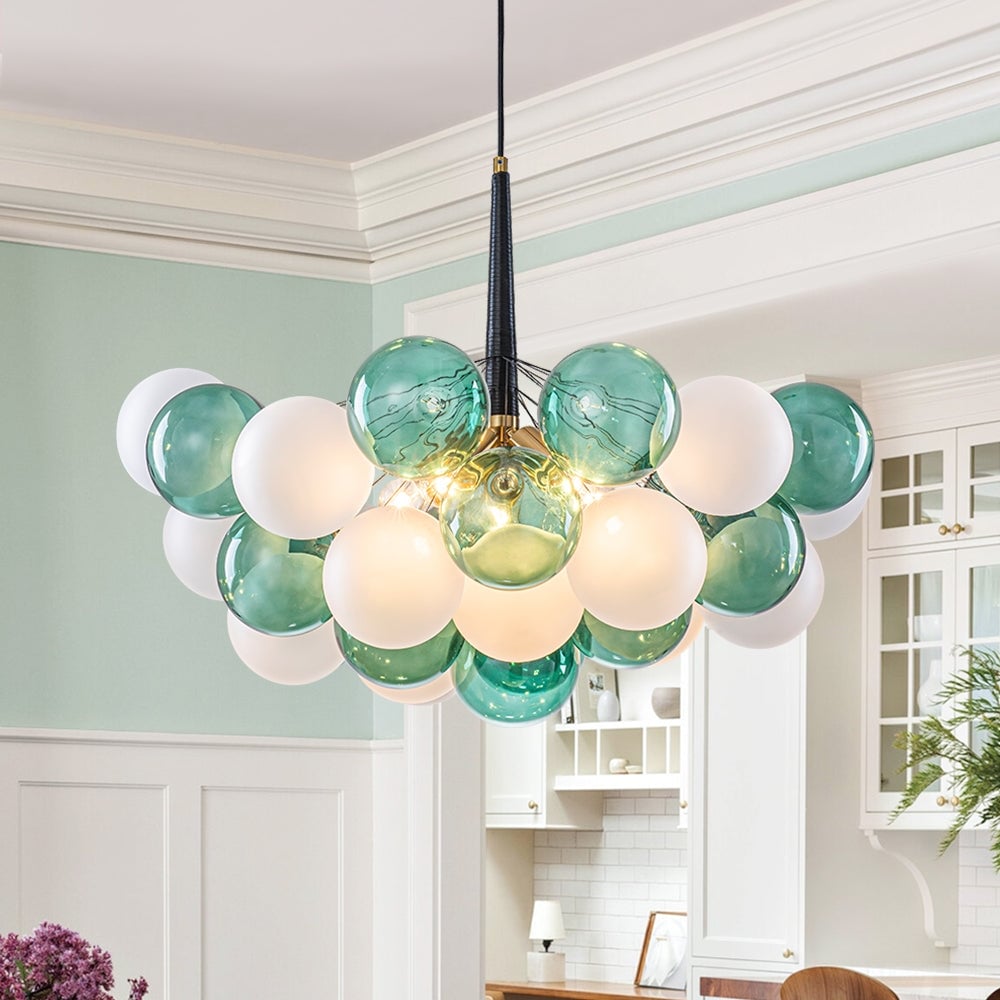 French 5-Light White Green Bubble Cluster Glass Globe Chandelier - 25.6 Inches