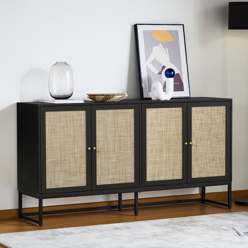 Wood Rattan 4-Door Buffet Sideboard With Storage