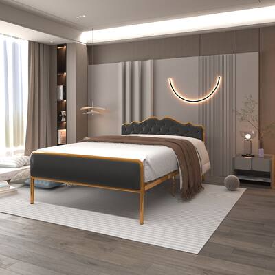 Elegant Black Full Size Bed with Buckle-Shaped Backrest - High-Quality Soft Leather - Gilded Steel Frame - Solid Wood Ribs
