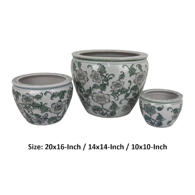 Hely 3 Planter Set, Green Vine Pattern Gray Ceramic 20, 14, 10 Inch