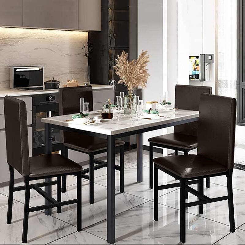 Modern Kitchen Dining Table Set for 4, Faux Marble Dining Set with 4 PU Leather Upholstered Chairs for Living Room, Kitchen