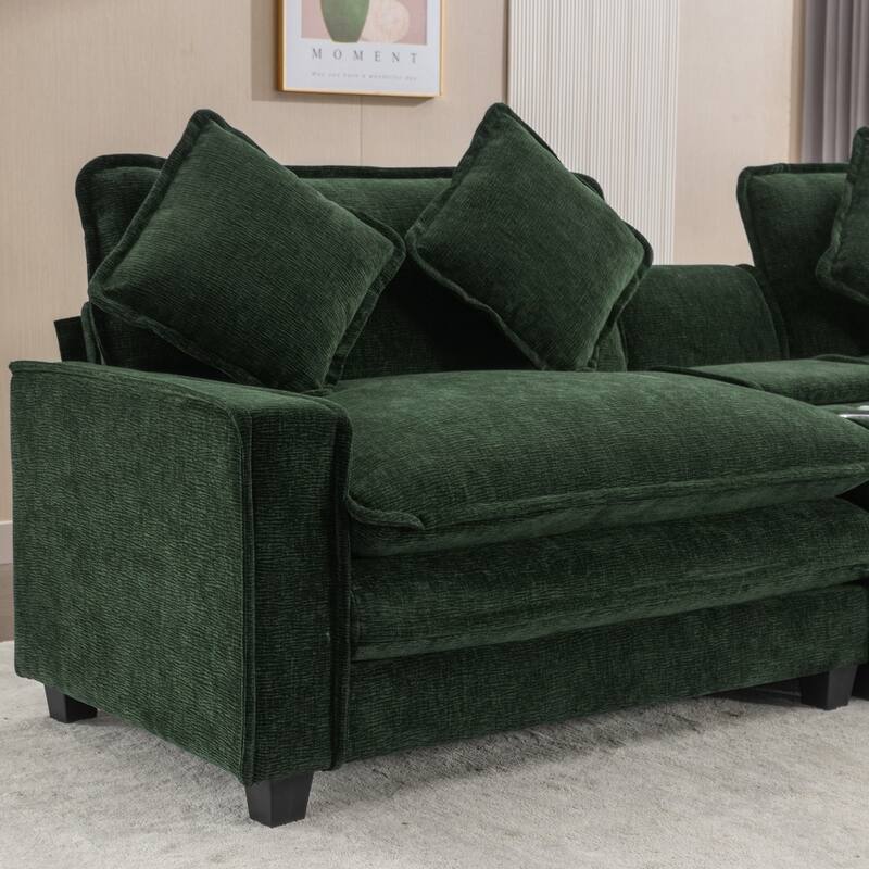 111" Chenille Upholstered Sectional Sofa with 2 Ottomans and 2 USB Ports, 2 Cup Holders