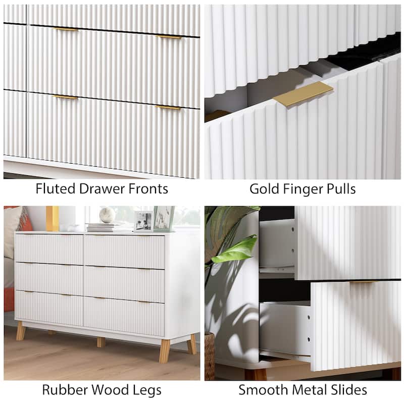 HOMCOM Fluted Dresser for Bedroom with 6 Drawers, 54" Wide Chest of Drawers with Gold Finger Pulls and 5 Wood Legs