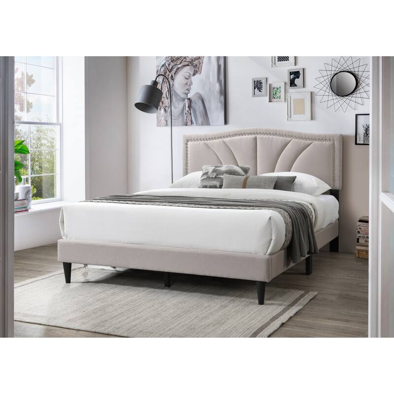 Queen Size Light Brown Burlap Fabric Platform Bed with Nailhead Trim Headboard