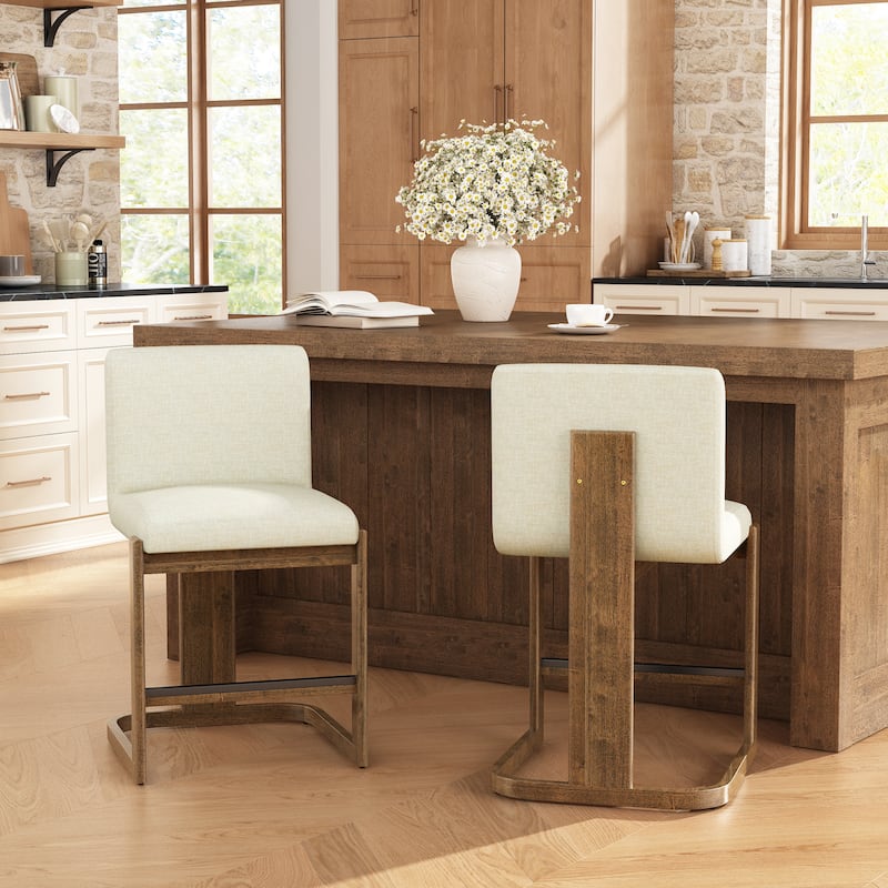 Christopher Knight Home - Modern Linen Upholstered Counter Height Bar Stools with Solid Wood Legs & Square Backrest, Set of 2
