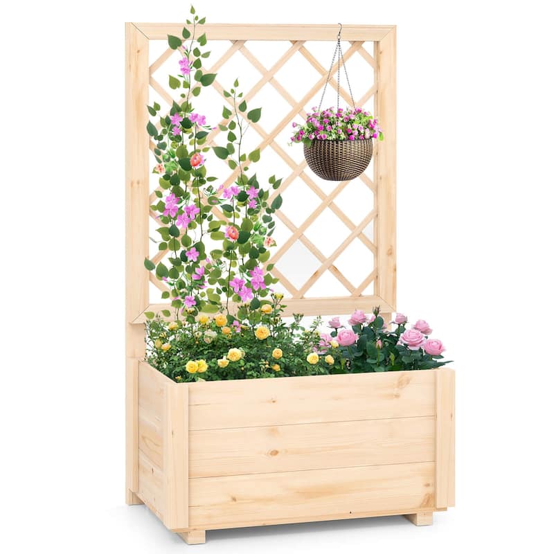 Costway 1/2 PCS 40" Tall Wooden Raised Garden Bed with Lattice Trellis - Natural - 1 PCS