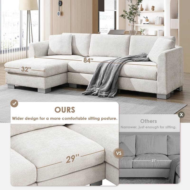 L-Shaped Sectional Sofa with Chaise Lounge, Oversized Chenille Upholstered Sofa, 4 Seater Sofa with 2 Throw Pillows