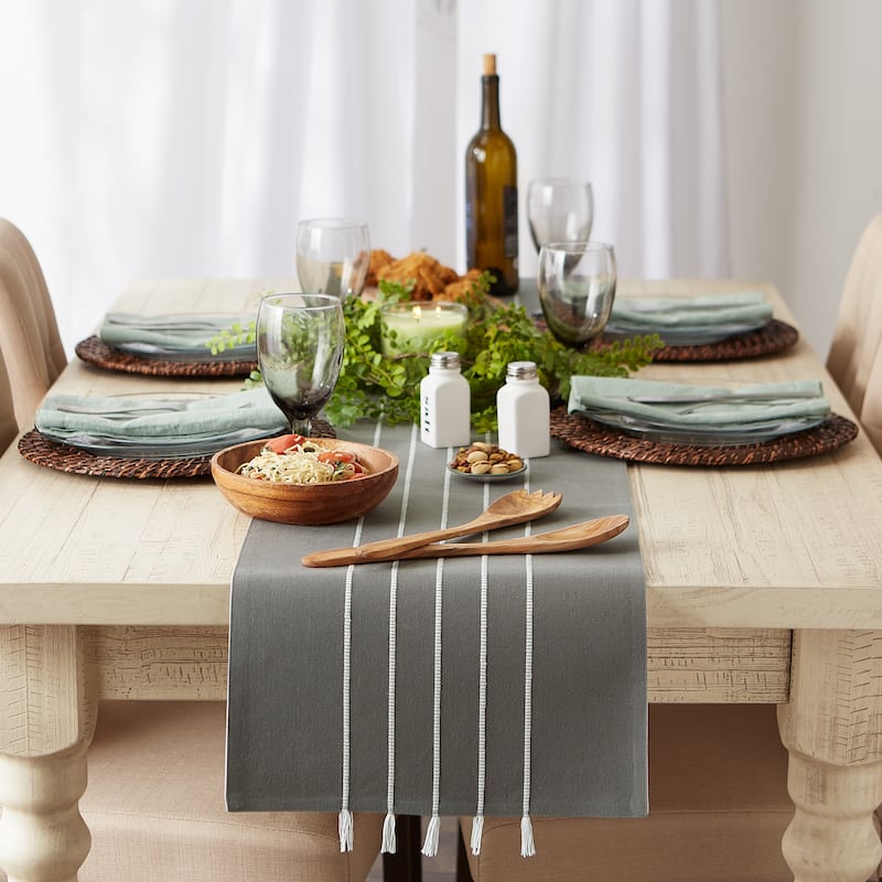 Gray and White Stripe Tassel Table Runner 14x72