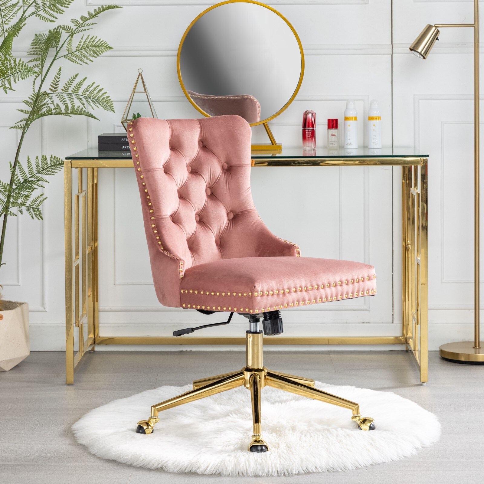 Velvet Upholstered Tufted Button Home Office Chair with Golden