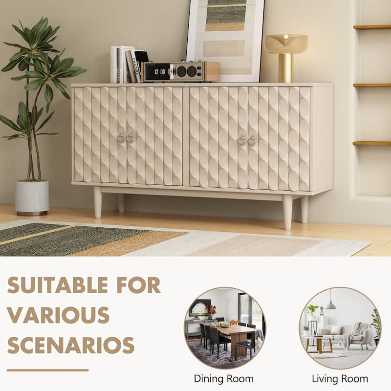 Buffet Cabinet with 4 Convex Pattern Doors, Storage Cabinet with 2 Silver Handle, Sideboard Cabinet with Adjustable Shelves