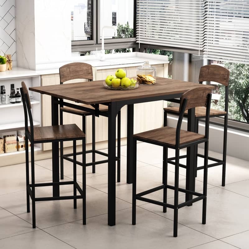 5-Piece Counter Height Drop Leaf, Folding Table and Chairs for 4, Farmhouse 5-Piece Dining Table Set for Living Room Kitchen