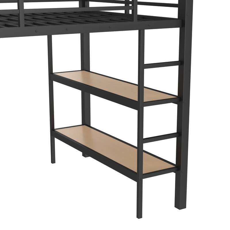 Modern Full Metal Loft Bed with Integrated Closet, Open Shelves, Pegboard and Storage Drawers, Safety Guardrails & Sturdy Ladder