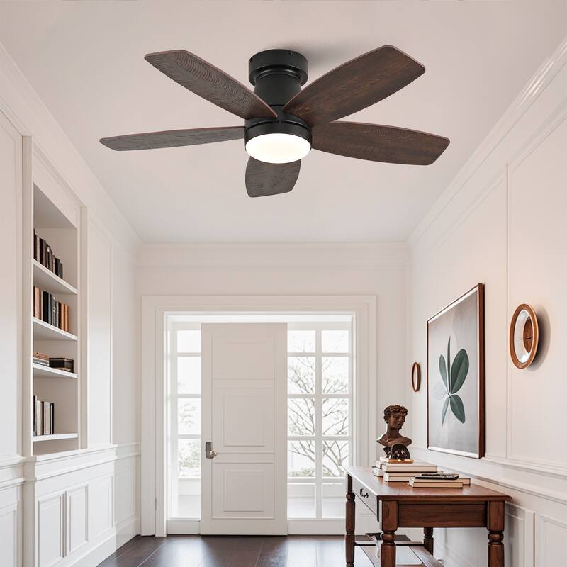 32-inch Low-Profile Ceiling Fan with Light and Remote Control, Dimmable Quiet DC Motor - Black + Dark Walnut