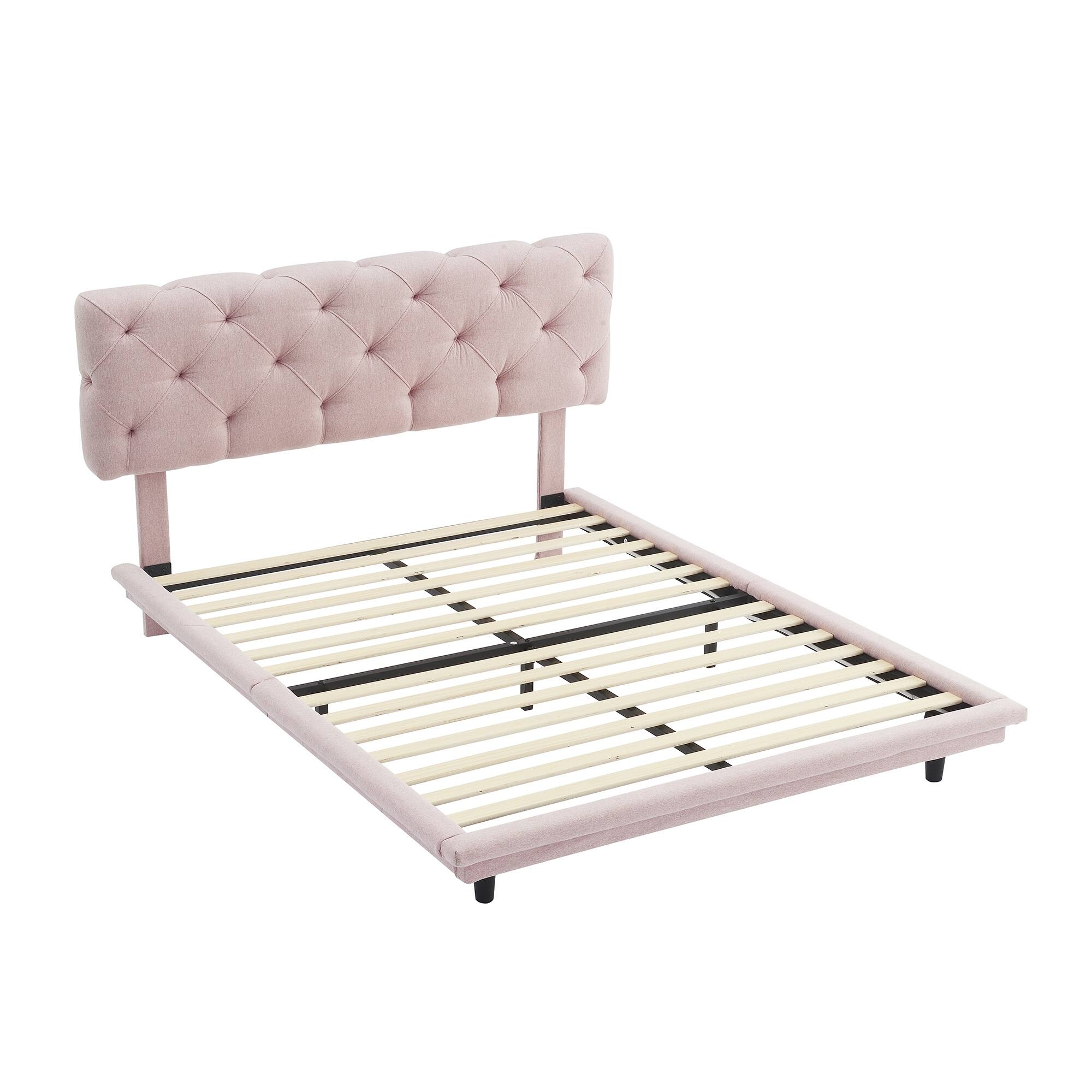Full Size Upholstered Bed with Light Stripe, Floating Platform Bed