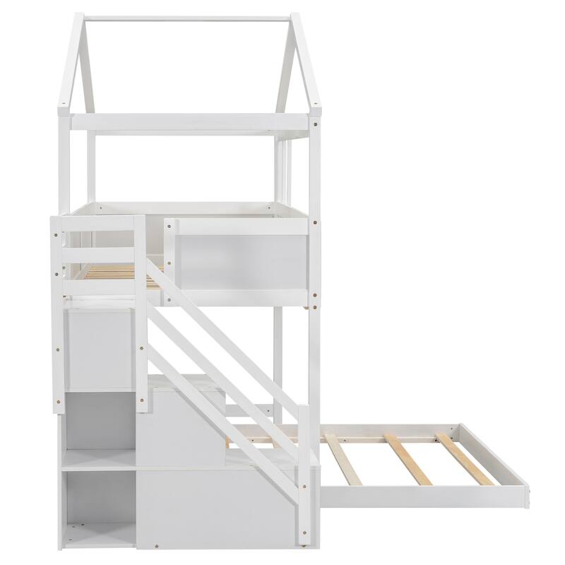 Twin Over Full Bunk Bed with Storage Staircase, Blackboard, and House Design