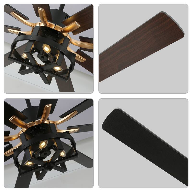 65" Large Wood Blade Ceiling Fan, 8 Blades and 3 Lights, Quiet DC Motor with Remote for Living Room