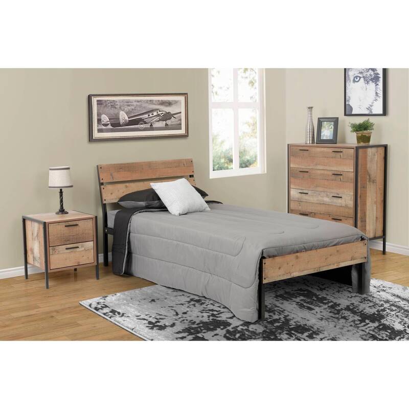 Twin Bed Frame Metal & Wood Style - Rustic Bed with Storage & Sturdy Base