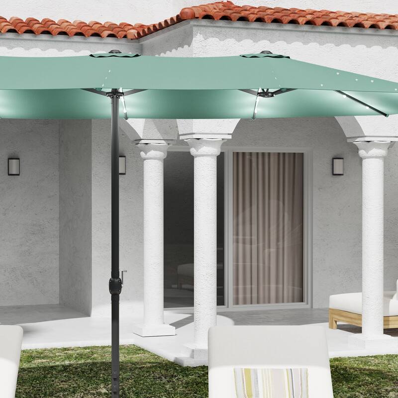 15ft Solar LED Double Patio Umbrella with Base, Extra Large Twin Outdoor Market Umbrella with 36 Lights, 180g Polyester Canopy