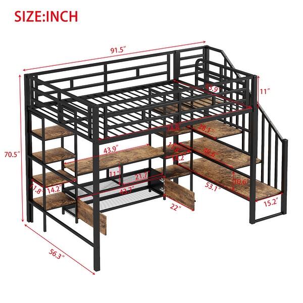 dimension image slide 0 of 2, Full Size Metal Loft Bed with Staircase, Low Storage Table and Storage Shelves