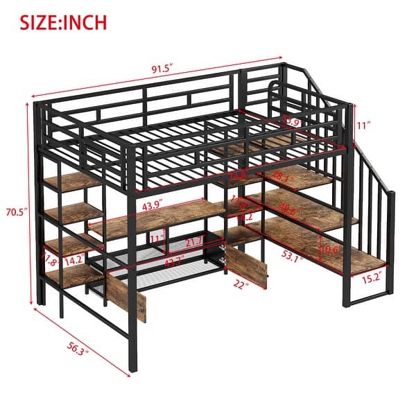 dimension image slide 1 of 2, Full Size Metal Loft Bed with Staircase,Low Storage Table and Storage Shelves