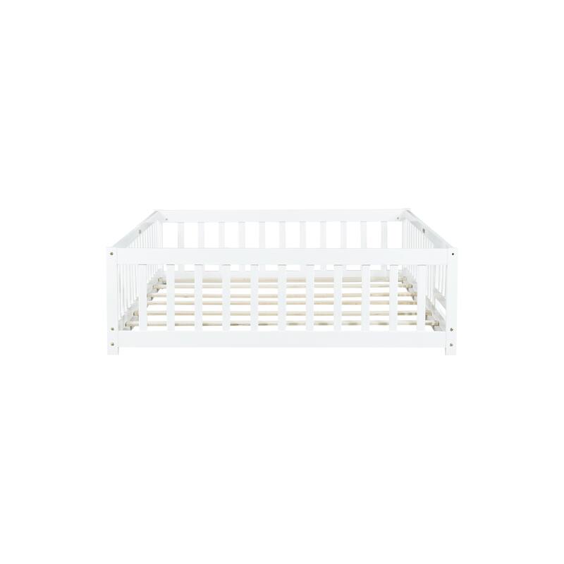 Floor Bed with Fence,Door and Safety Guardrails,Perfect for Kids' Play,Sleep and Development