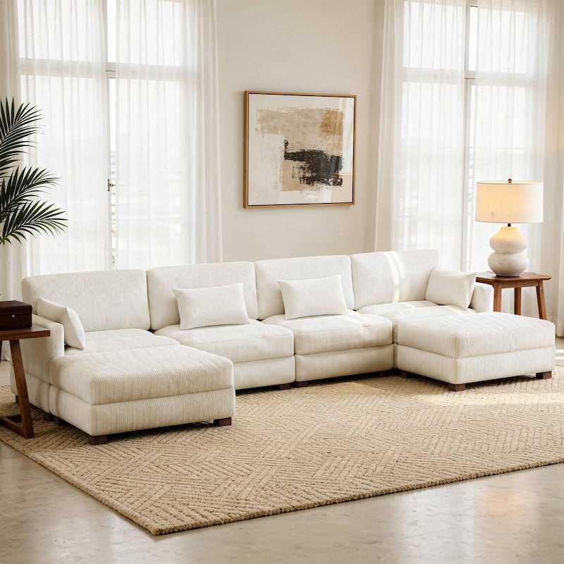 Oversized Corduroy Upholstered Modular Sectional Sofa for Living Room - BEIGE 6-PIECE