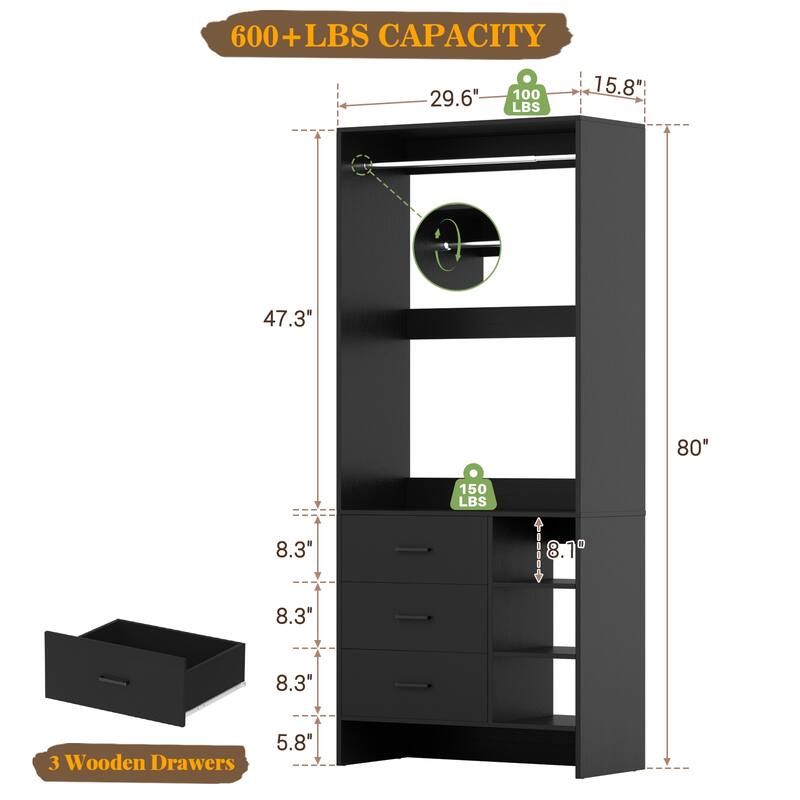 Cimly 30'' W Freestanding Closet Sytem with Hanging Rod, Closet Organizer with Drawers and Shelves