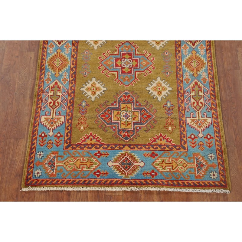 Kazak Accent Rug Handmade Yellow Geometric Wool Carpet - 3'4" x 4'10"