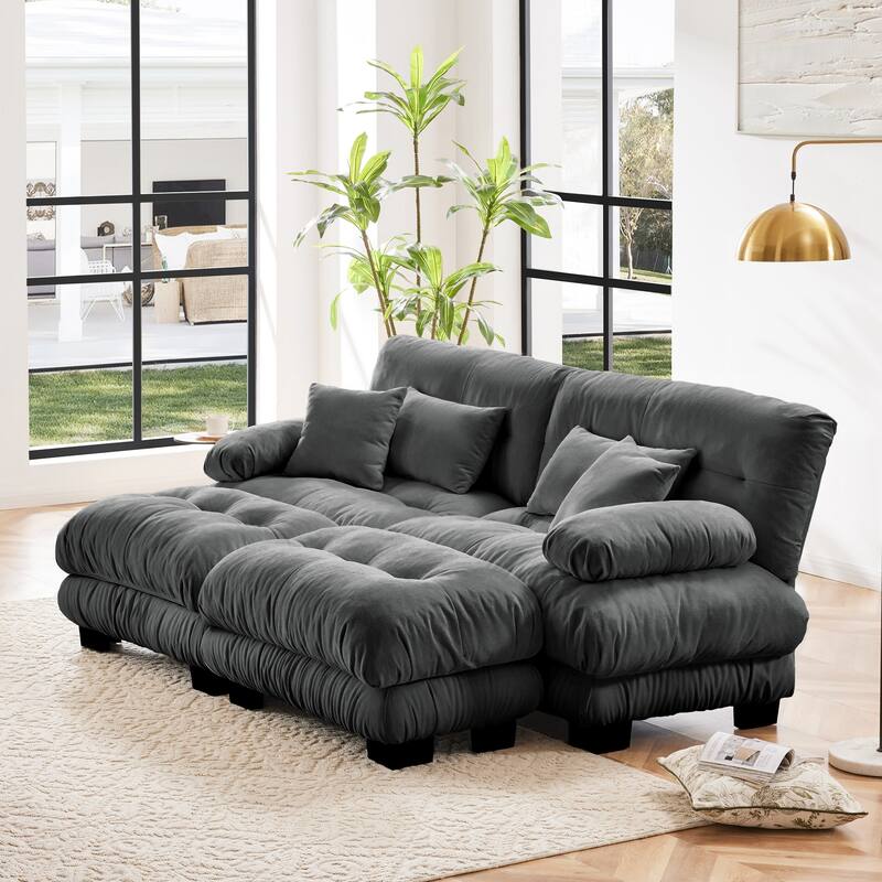 Rossetta Exquisite Stylish Design Chenille Cloud Look Couch Sectional Wide Arm Sofa with 2 Convertible Ottomans, and Pillows - Gray