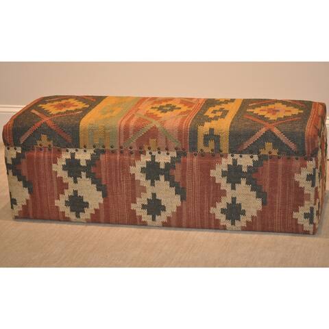 Handmade Kilim Upholstered Wooden Storage Bench (India) - 47" W x 16" L x 16" H