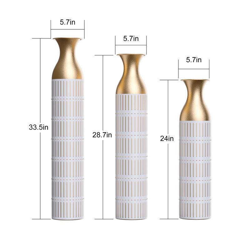 Set of 3 Tall White & Gold Metal Cylinder Vases - Glam Geometric Floor Vases for Modern Home Decor (24", 28.7", 33.4" Heights)