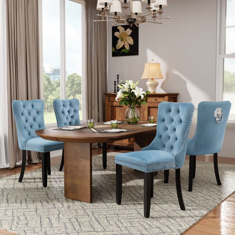 High-end Tufted Velvet Upholstered Nailhead Dining Chair Set of 6 - Set of 4 - Light Blue