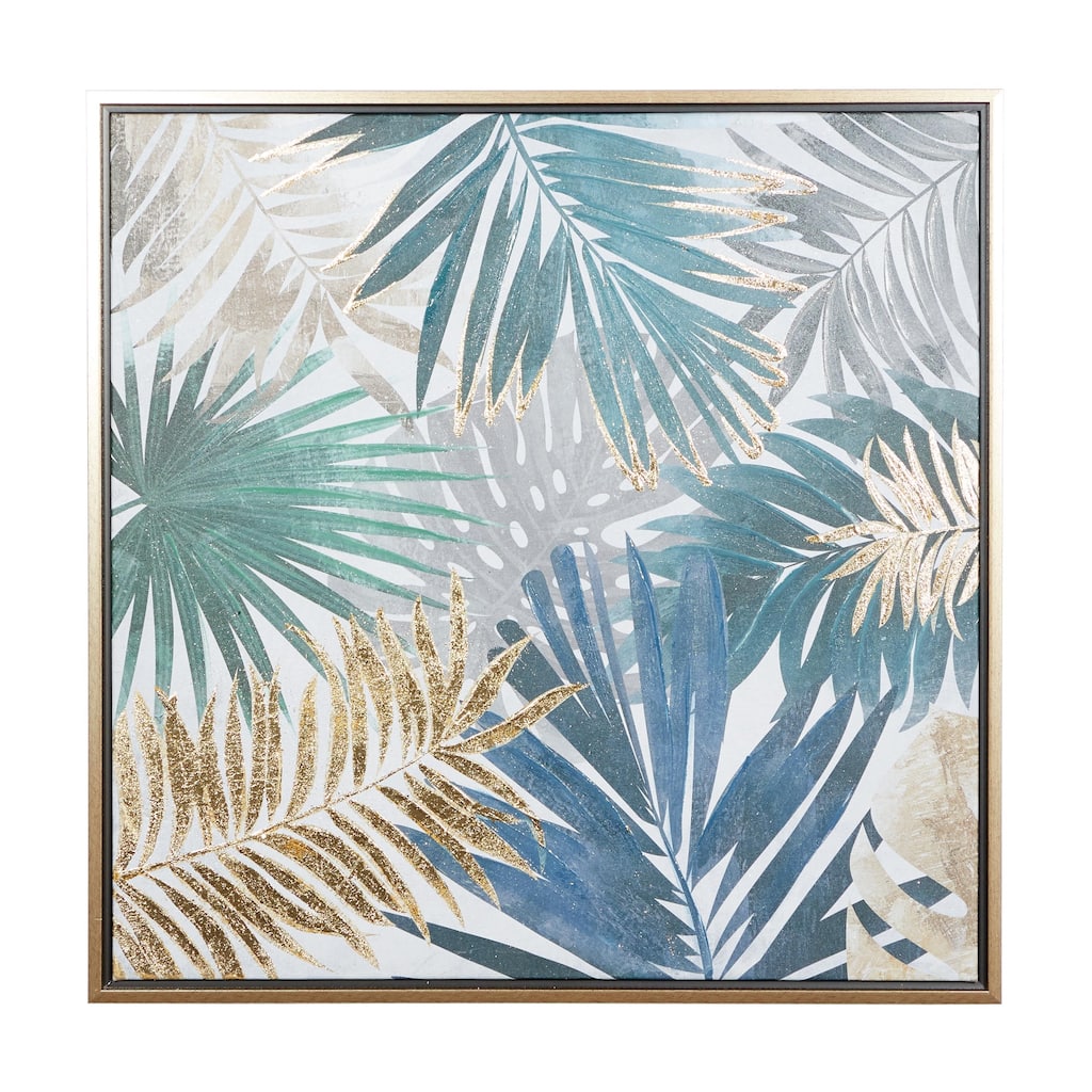 Canvas Leaf Tropical Living Room Framed Wall Art with Gold Frame - Blue - Roche River Decor