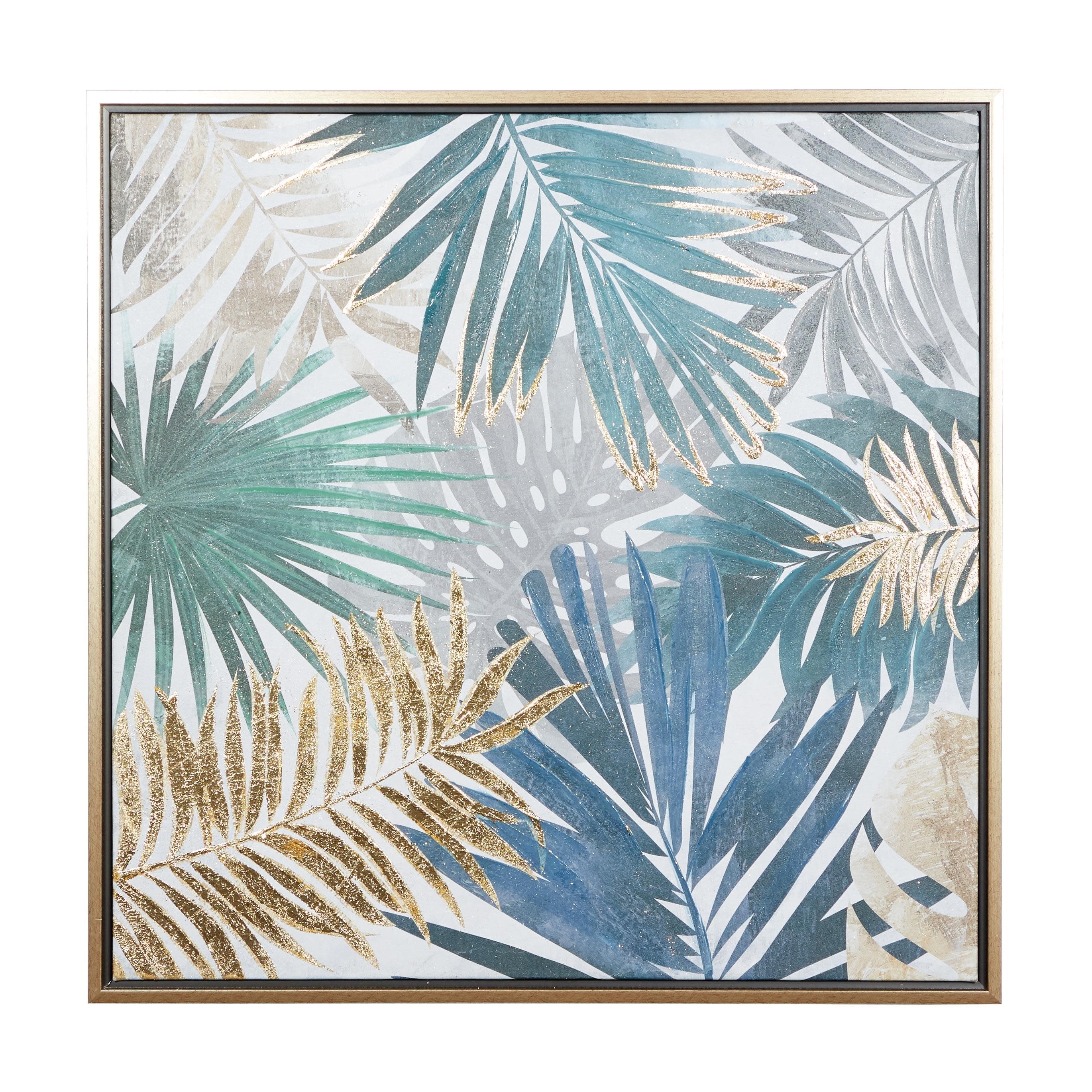 Canvas Leaf Tropical Living Room Framed Wall Art with Gold Frame - Blue - Roche River Decor
