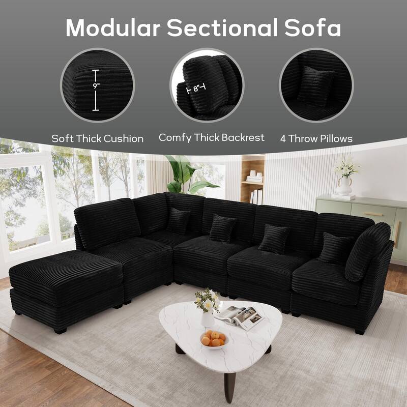123" Modular U-Shaped Sectional Sofa Couch, 6-Seater Deep Seat Plush Corduroy Sofa Bed Chaise for Living Room