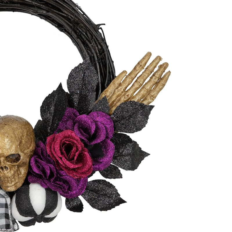 Skull with Hands and Purple Roses Halloween Twig Wreath 22-Inch Unlit