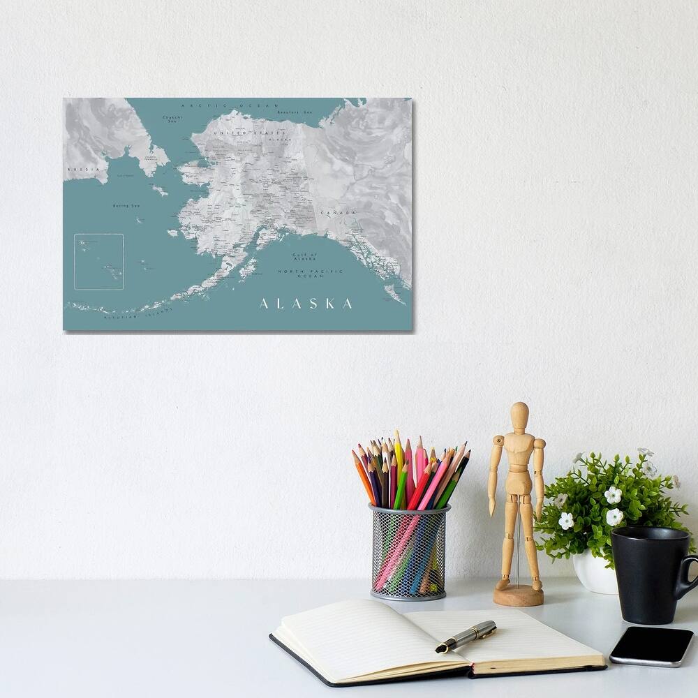 iCanvas "Gray And Teal Watercolor Detailed Map Of Alaska" by blursbyai Canvas Print