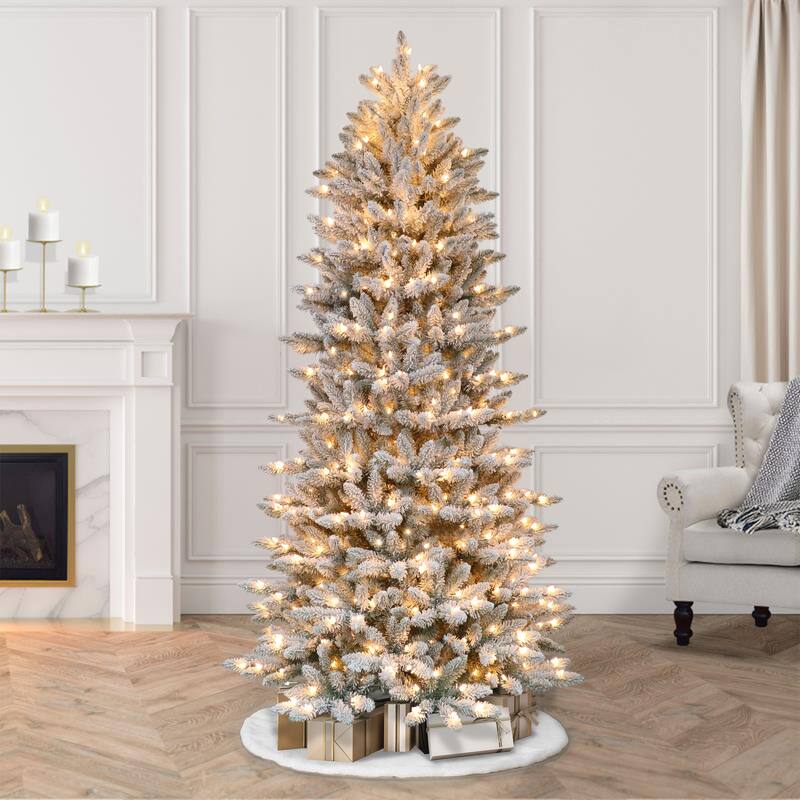 Puleo International 6.5 ' Pre-Lit Flocked Slim Fraser Fir Artificial Christmas Tree