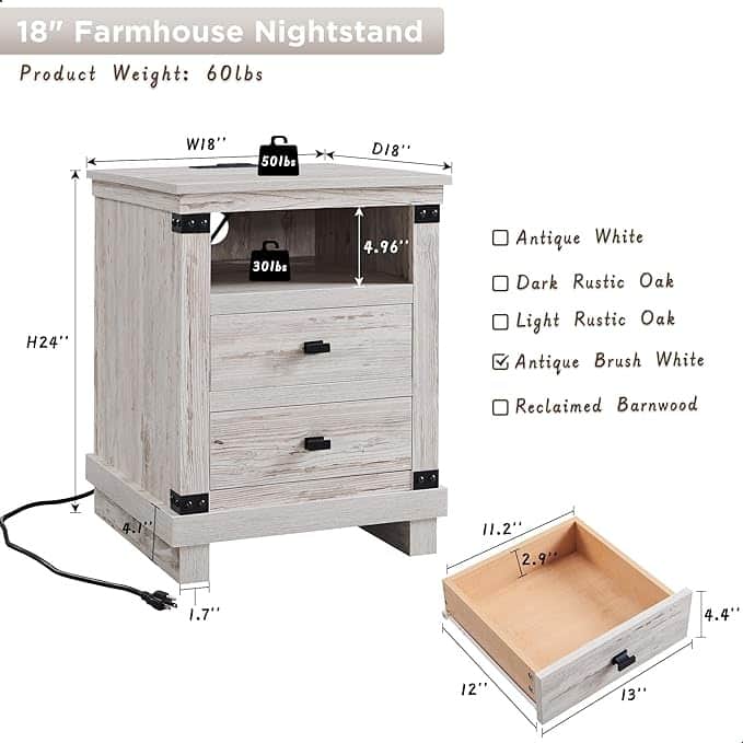 18" Farmhouse Nightstand with Charging Station, Night Stand, End Table